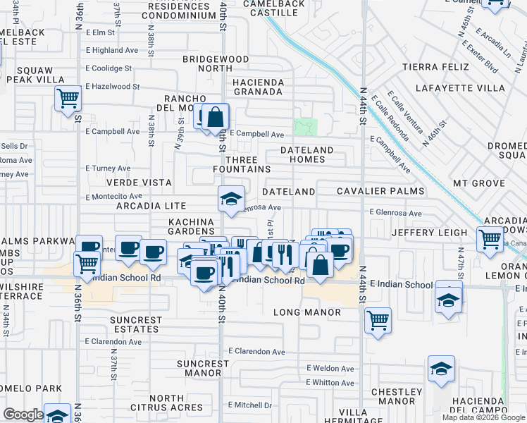 map of restaurants, bars, coffee shops, grocery stores, and more near 4226 North 41st Place in Phoenix