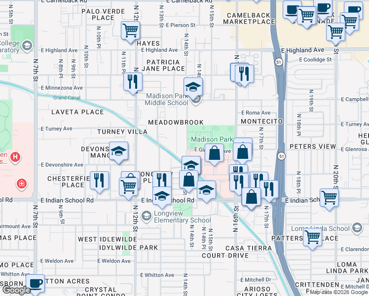 map of restaurants, bars, coffee shops, grocery stores, and more near 4236 North 14th Street in Phoenix