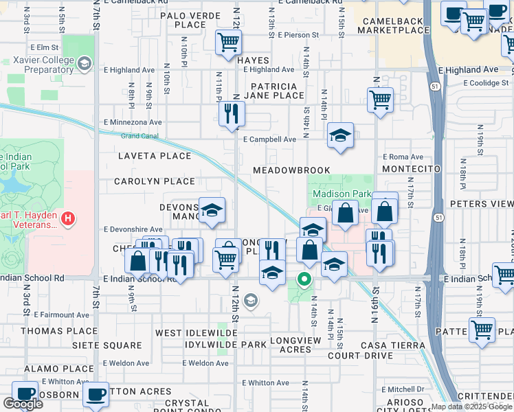 map of restaurants, bars, coffee shops, grocery stores, and more near 4252 North Longview Avenue in Phoenix
