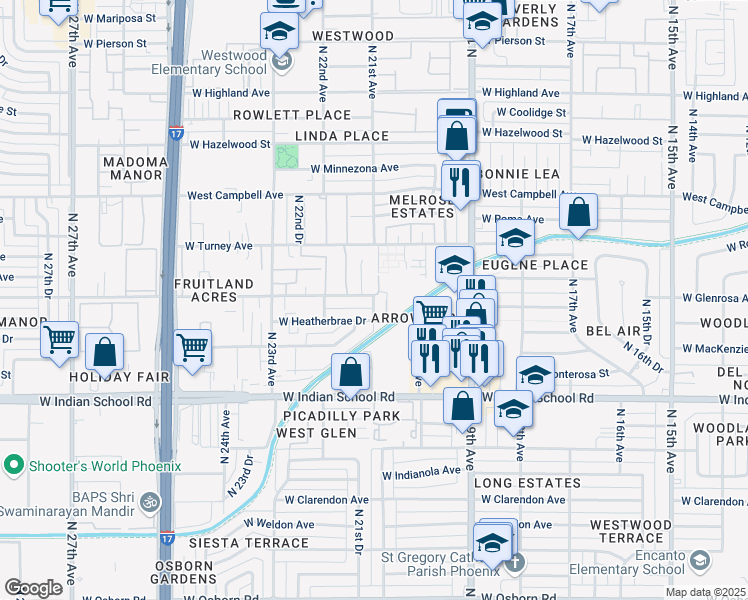 map of restaurants, bars, coffee shops, grocery stores, and more near 2102 West Heatherbrae Drive in Phoenix