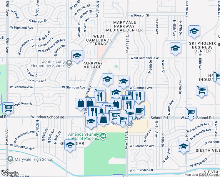 map of restaurants, bars, coffee shops, grocery stores, and more near 4315 North Maryvale Parkway in Phoenix