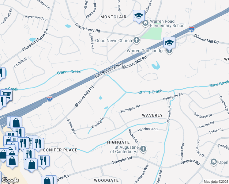 map of restaurants, bars, coffee shops, grocery stores, and more near 3190 Skinner Mill Road in Augusta