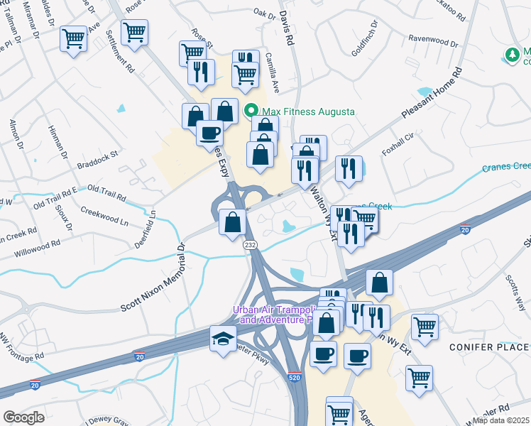 map of restaurants, bars, coffee shops, grocery stores, and more near 2334 Spring House Lane in Augusta