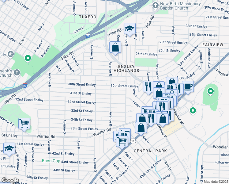 map of restaurants, bars, coffee shops, grocery stores, and more near 1806 31st Street Ensley in Birmingham