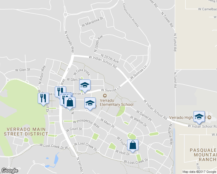 map of restaurants, bars, coffee shops, grocery stores, and more near 20768 West Sunrise Court in Buckeye