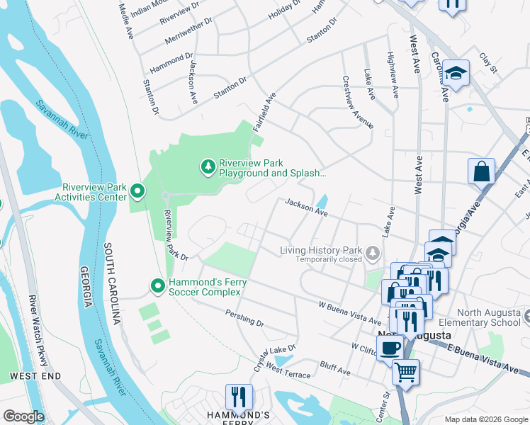 map of restaurants, bars, coffee shops, grocery stores, and more near 604 Alta Vista Avenue in North Augusta