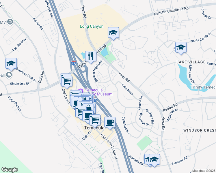map of restaurants, bars, coffee shops, grocery stores, and more near 43038 Avenida Cielo in Temecula