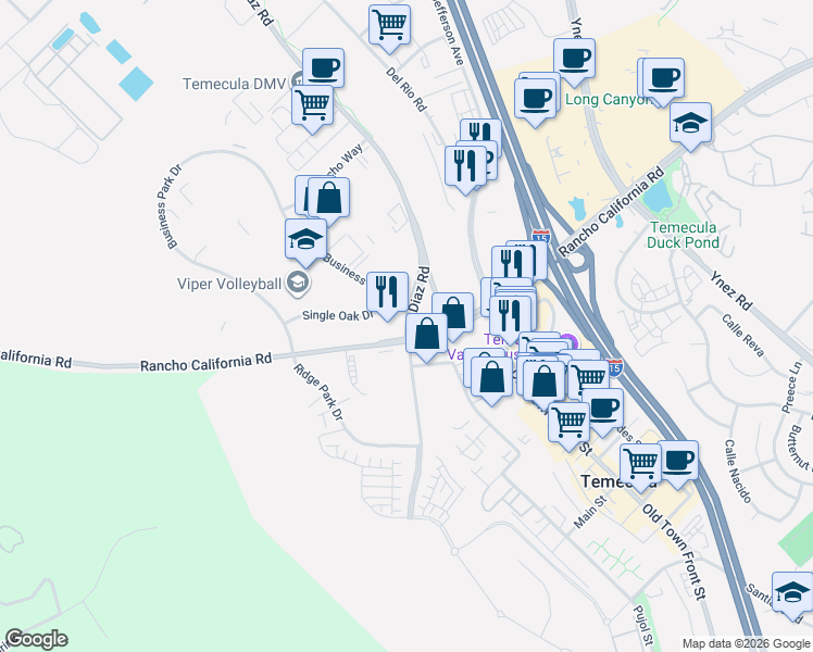 map of restaurants, bars, coffee shops, grocery stores, and more near 43448 Diaz Road in Temecula