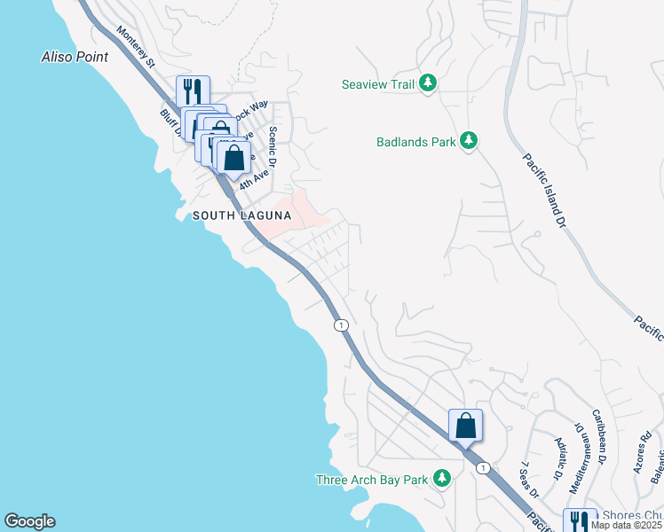 map of restaurants, bars, coffee shops, grocery stores, and more near 31927 Hayes Place in Laguna Beach