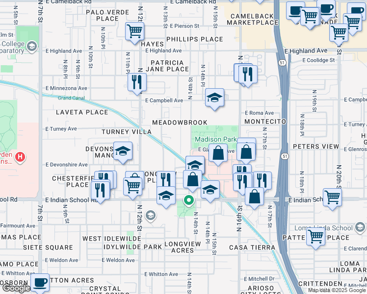 map of restaurants, bars, coffee shops, grocery stores, and more near 4302 North 13th Place in Phoenix