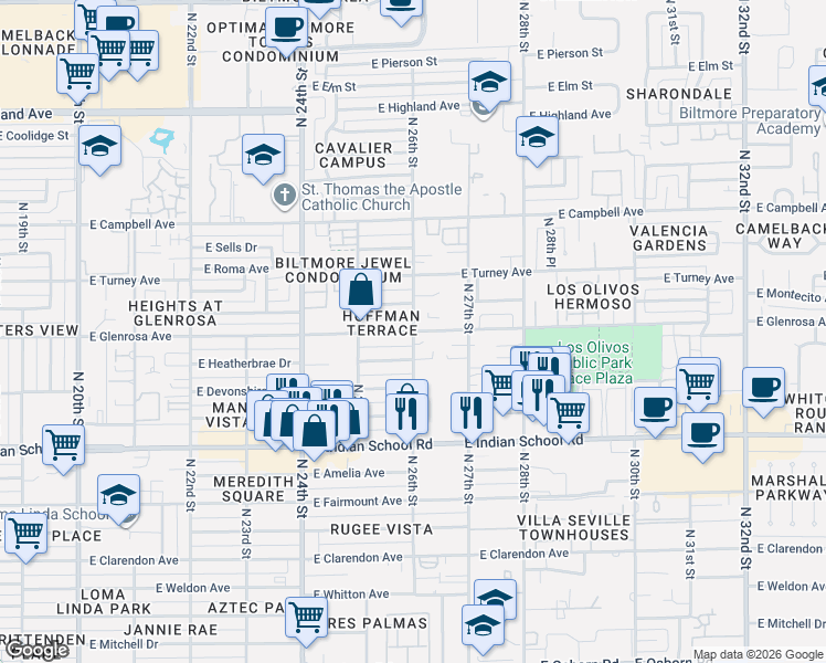 map of restaurants, bars, coffee shops, grocery stores, and more near 4298 North 26th Street in Phoenix