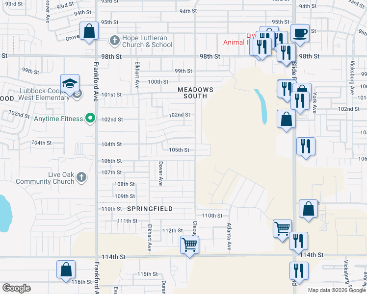 map of restaurants, bars, coffee shops, grocery stores, and more near 5510 105th Street in Lubbock