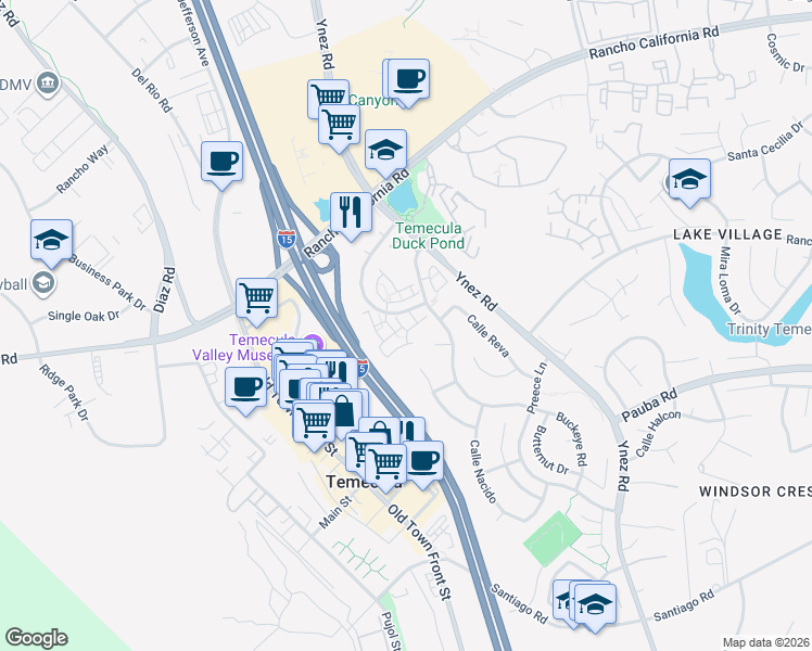 map of restaurants, bars, coffee shops, grocery stores, and more near 28082 Calle Estrella in Temecula
