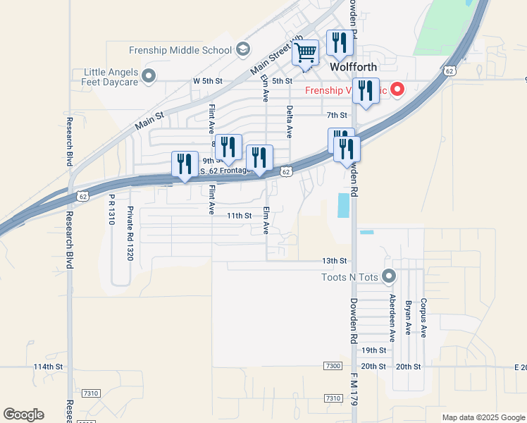 map of restaurants, bars, coffee shops, grocery stores, and more near 705 11th Street in Wolfforth