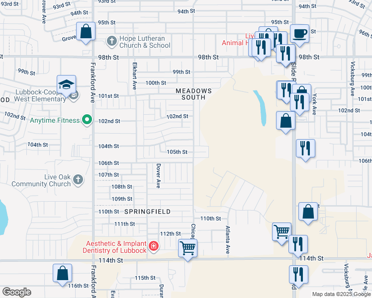 map of restaurants, bars, coffee shops, grocery stores, and more near 5411 105th Street in Lubbock