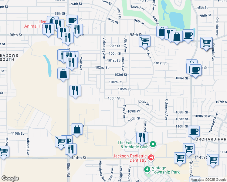 map of restaurants, bars, coffee shops, grocery stores, and more near 10501 Uxbridge Avenue in Lubbock