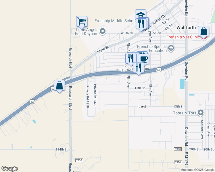 map of restaurants, bars, coffee shops, grocery stores, and more near 907 11th Street in Wolfforth