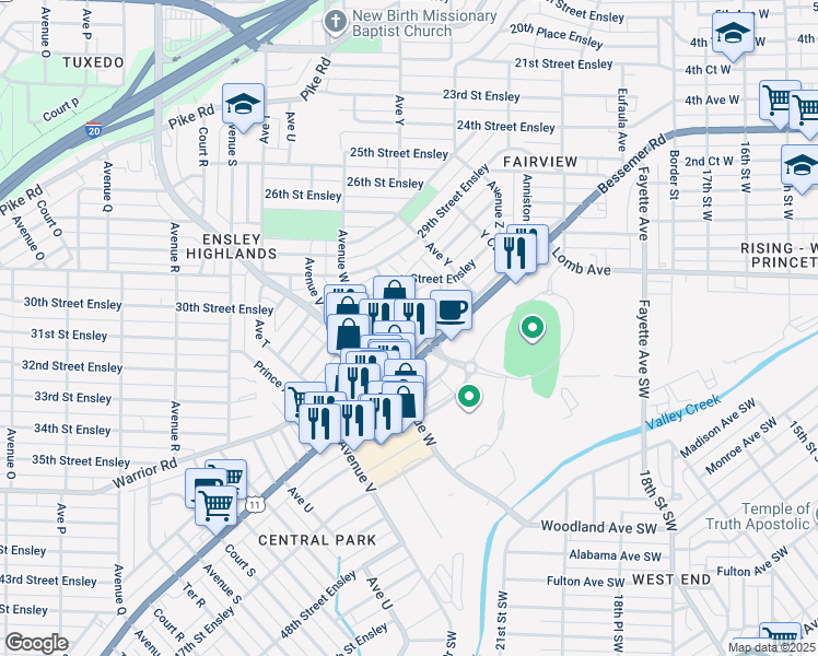 map of restaurants, bars, coffee shops, grocery stores, and more near 3212 Avenue S in Birmingham