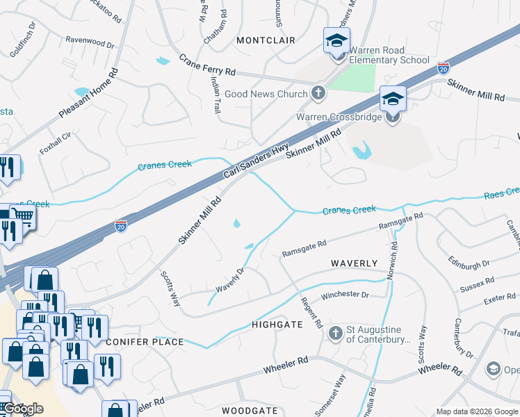 map of restaurants, bars, coffee shops, grocery stores, and more near 3190 Skinner Mill Road in Augusta