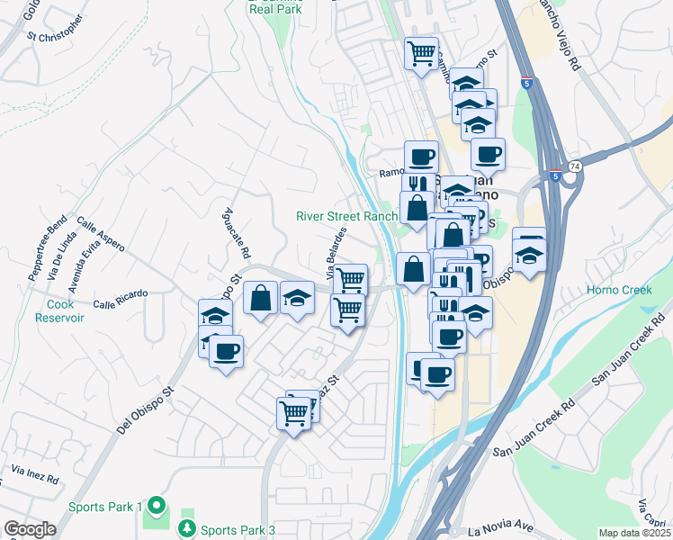 map of restaurants, bars, coffee shops, grocery stores, and more near 31982 Via Belardes in San Juan Capistrano