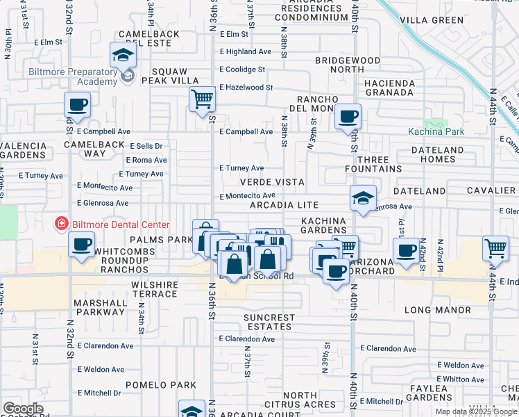 map of restaurants, bars, coffee shops, grocery stores, and more near 3643 East Glenrosa Avenue in Phoenix