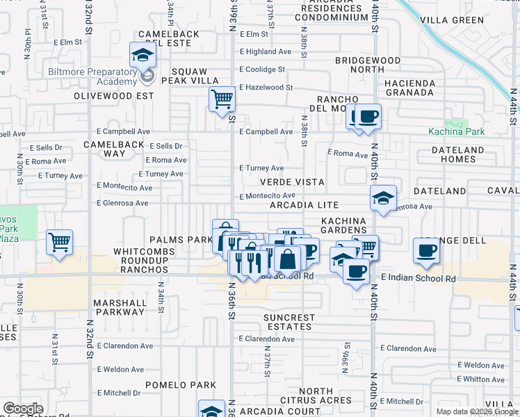 map of restaurants, bars, coffee shops, grocery stores, and more near 3643 East Glenrosa Avenue in Phoenix