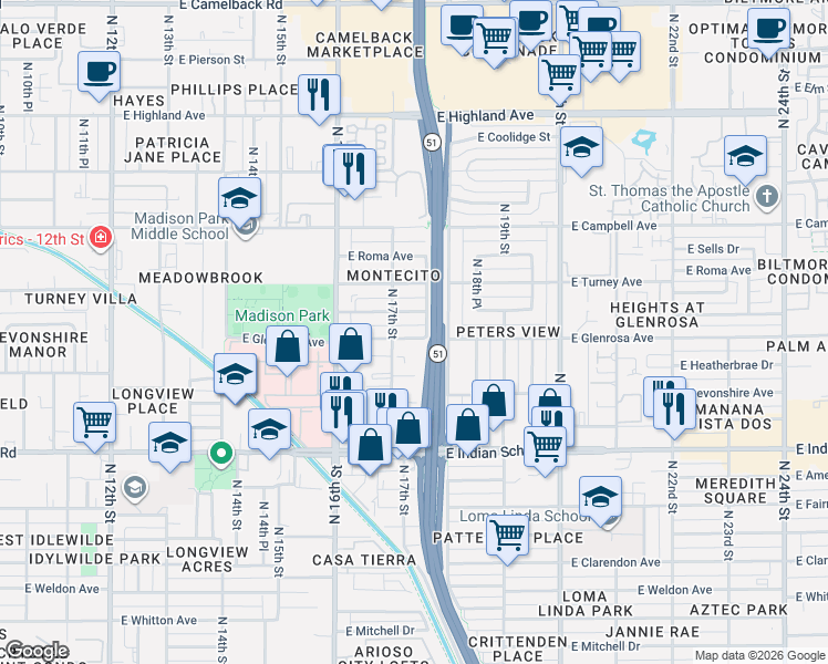 map of restaurants, bars, coffee shops, grocery stores, and more near 1735 East Glenrosa Avenue in Phoenix