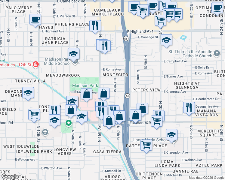 map of restaurants, bars, coffee shops, grocery stores, and more near 4242 North 17th Street in Phoenix