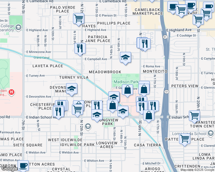map of restaurants, bars, coffee shops, grocery stores, and more near 4302 North 13th Place in Phoenix
