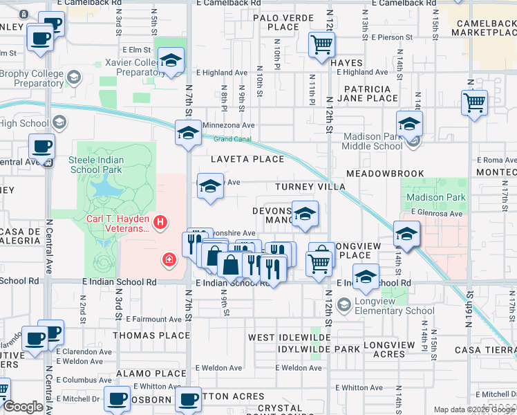 map of restaurants, bars, coffee shops, grocery stores, and more near 4242 North 10th Street in Phoenix