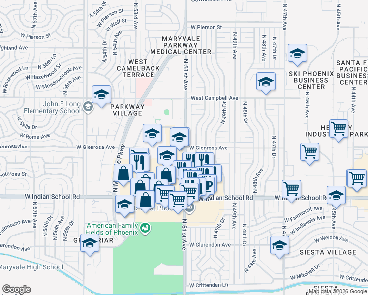 map of restaurants, bars, coffee shops, grocery stores, and more near 4223 North 51st Avenue in Phoenix