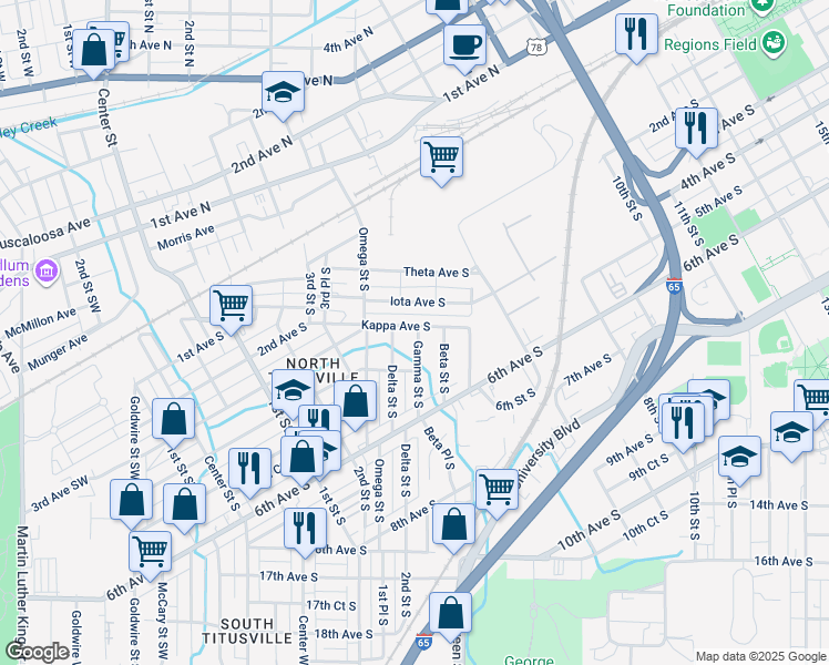 map of restaurants, bars, coffee shops, grocery stores, and more near 320 Gamma Street South in Birmingham