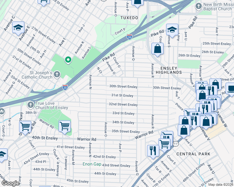 map of restaurants, bars, coffee shops, grocery stores, and more near 1525 31st Street Ensley in Birmingham