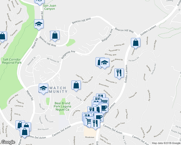 map of restaurants, bars, coffee shops, grocery stores, and more near 9 Elk Grove Lane in Laguna Niguel