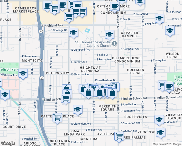 map of restaurants, bars, coffee shops, grocery stores, and more near 2147 East Glenrosa Avenue in Phoenix
