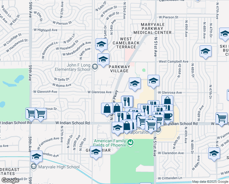 map of restaurants, bars, coffee shops, grocery stores, and more near 4300 North Maryvale Parkway in Phoenix