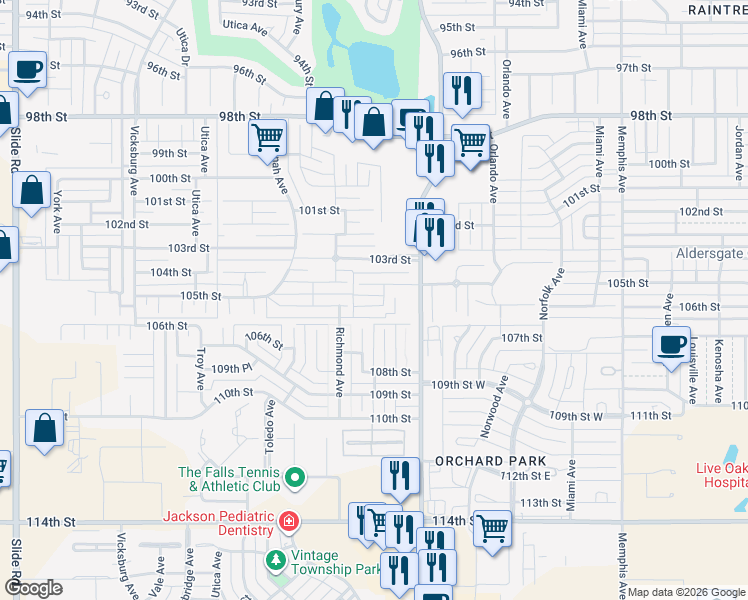 map of restaurants, bars, coffee shops, grocery stores, and more near 4416 106th Street in Lubbock