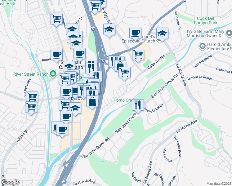 map of restaurants, bars, coffee shops, grocery stores, and more near 31953 Paseo Bridel in San Juan Capistrano