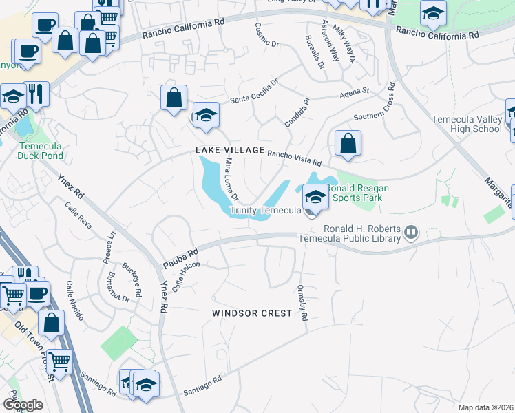 map of restaurants, bars, coffee shops, grocery stores, and more near 30140 La Primavera Street in Temecula