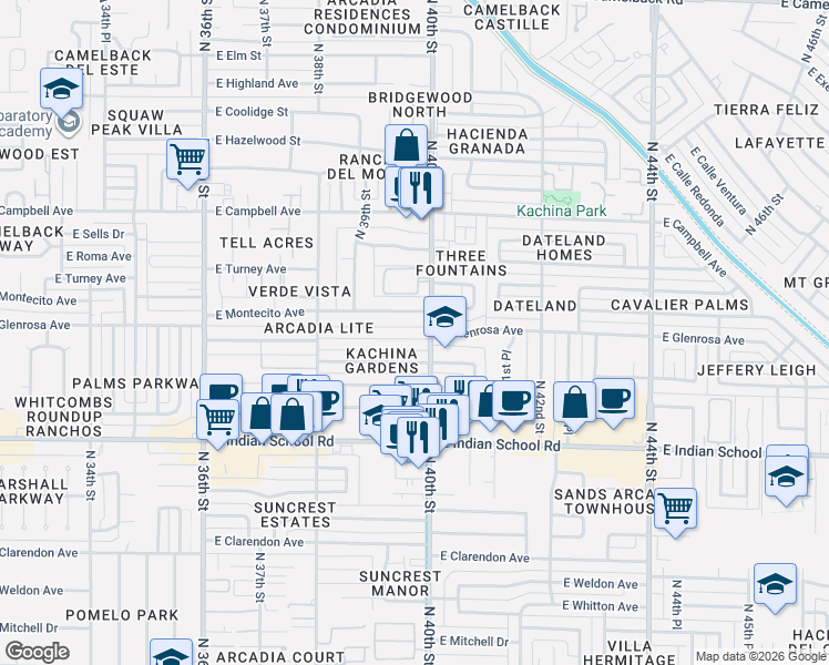 map of restaurants, bars, coffee shops, grocery stores, and more near 3940 East Heatherbrae Drive in Phoenix