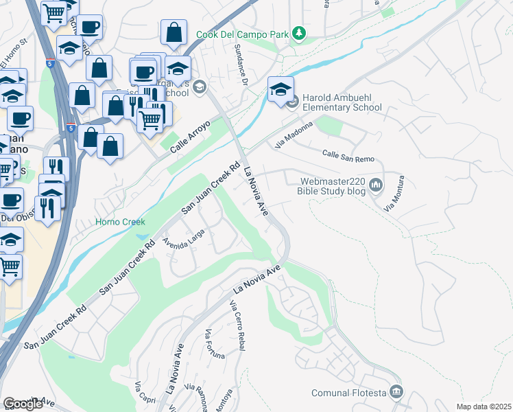 map of restaurants, bars, coffee shops, grocery stores, and more near 31941 Via Flores in San Juan Capistrano