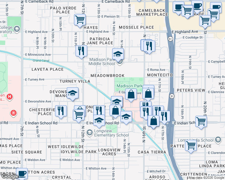 map of restaurants, bars, coffee shops, grocery stores, and more near 4236 North 14th Street in Phoenix