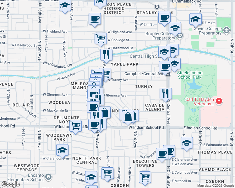 map of restaurants, bars, coffee shops, grocery stores, and more near 418 West Monterosa Street in Phoenix