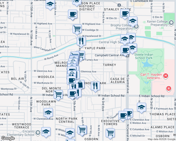 map of restaurants, bars, coffee shops, grocery stores, and more near 4235 4th Avenue Northwest in Phoenix