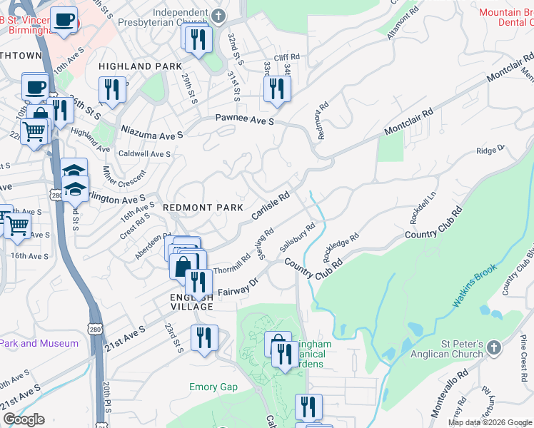 map of restaurants, bars, coffee shops, grocery stores, and more near 3036 Sterling Road in Birmingham