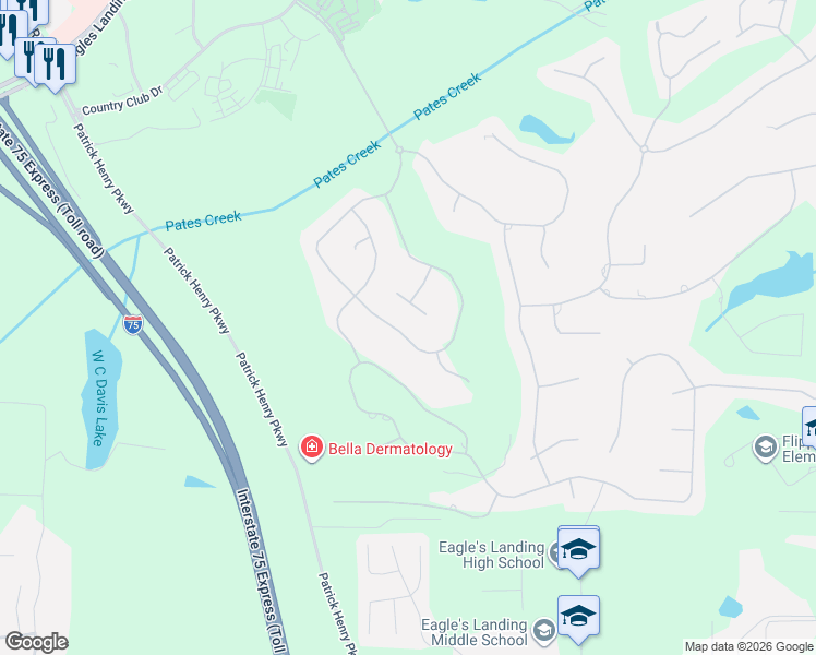 map of restaurants, bars, coffee shops, grocery stores, and more near 141 Glen Eagle Way in McDonough