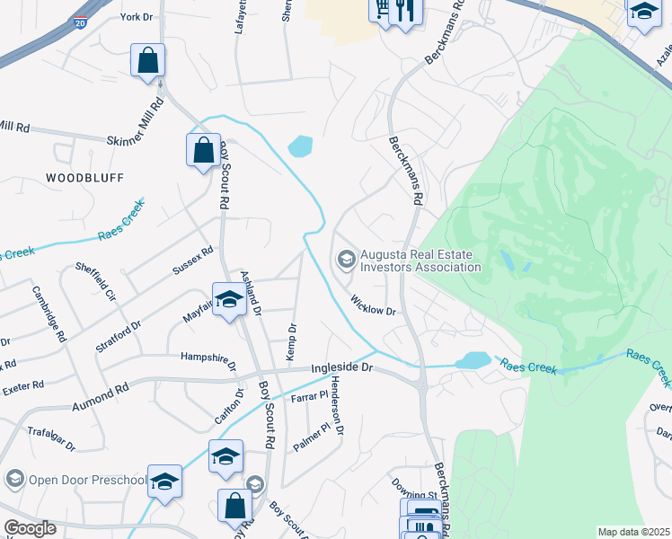 map of restaurants, bars, coffee shops, grocery stores, and more near 2717 Wicklow Drive in Augusta