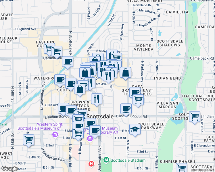 map of restaurants, bars, coffee shops, grocery stores, and more near 4245 North Drinkwater Boulevard in Scottsdale