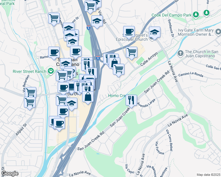 map of restaurants, bars, coffee shops, grocery stores, and more near 31953 Paseo Bridel in San Juan Capistrano
