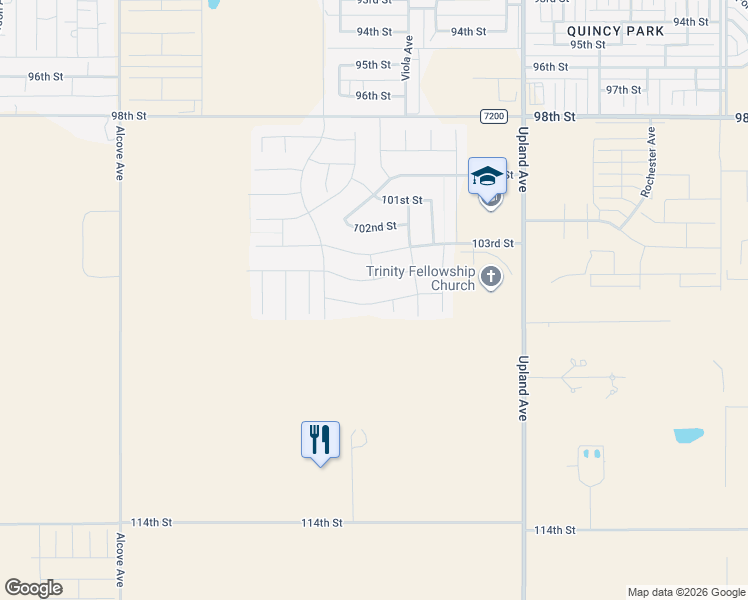 map of restaurants, bars, coffee shops, grocery stores, and more near 105th Street in Lubbock